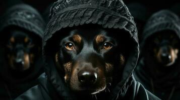 porträtt av en rolig sällskapsdjur hundar rånare band på en mörk bakgrund. generativ ai. foto