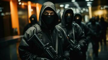 grupp av maskerad rånare med överfall gevär Bank rån. generativ ai. foto