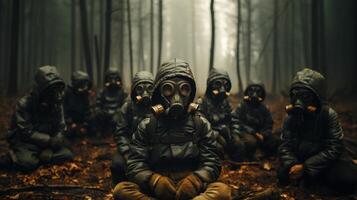 grupp av barn i gas masker på de bakgrund av de höst skog. generativ ai. foto