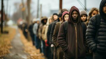 flyktingar människor stå i linje på gräns. generativ ai. foto