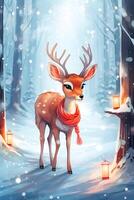 söt tecknad serie jul rådjur med röd scarf. santa ren med horn i snöig magi skog. xmas ren karaktär i de norr. ai genererad foto