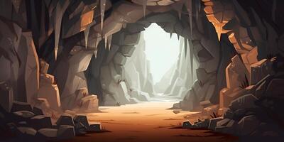 tecknad serie sten grotta ingång. mörk sten tunnel. underjordisk övergiven klippig grotta. ingång till tunnel i berg med landskap landskap se av stenar och blå himmel. ai genererad foto