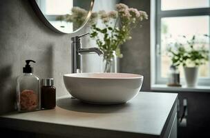 tvättställ och badrum i vit modern stil med generativ ai foto