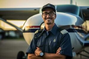 leende manlig pilot stående i främre av flygplan med generativ ai foto