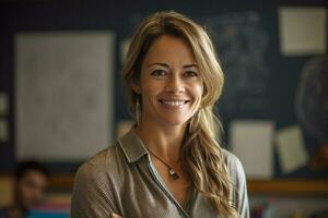 leende kvinna lärare i främre av de whiteboard med generativ ai foto