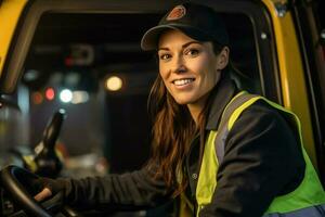 en leende kvinna lastbil förare på de hjul av en lastbil med generativ ai foto