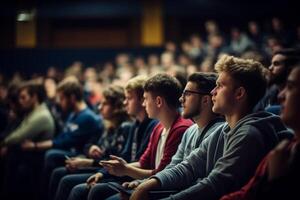 studenter lyssnande till föreläsning på en föreläsning teater med generativ ai foto