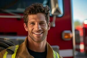 en leende manlig brandman i främre av de brand lastbil med generativ ai foto