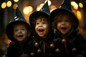 tre liten barn i kostym fira halloween tillsammans med generativ ai foto