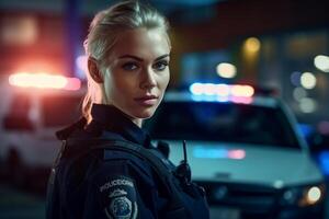 kvinna polis officer tala på de radio med polis bil Bakom henne med generativ ai foto