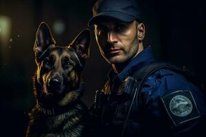 polis med hans tysk shepard med generativ ai foto