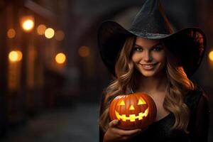 en Lycklig kvinna klädd i en häxa halloween kostym är innehav ett orange pumpa med generativ ai foto