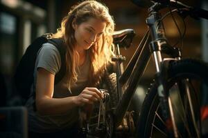 Lycklig kvinna fixering cykel på en cykel kuggstång med generativ ai foto