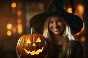 en Lycklig kvinna klädd i en häxa halloween kostym är innehav ett orange pumpa med generativ ai foto
