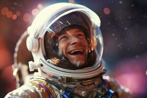 en Lycklig astronaut man i Plats hjälm och Plats tema med generativ ai foto