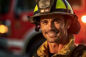 en leende manlig brandman i främre av de brand lastbil med generativ ai foto