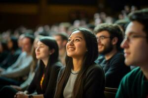 studenter lyssnande till föreläsning på en föreläsning teater med generativ ai foto