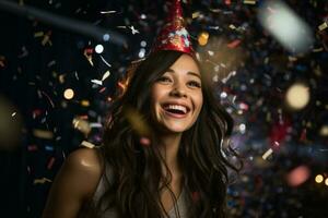 ung skön flicka leende i fest hatt och innehav en konfetti med generativ ai foto
