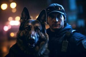 polis med hans tysk shepard med generativ ai foto