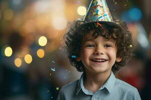 ung pojke leende i fest hatt och innehav en konfetti med generativ ai foto