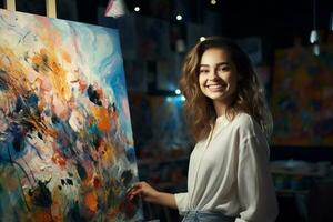ung Lycklig kvinna konstnär målare i studio på kväll med generativ ai foto