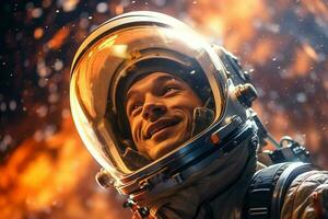 en Lycklig astronaut man i Plats hjälm och Plats tema med generativ ai foto
