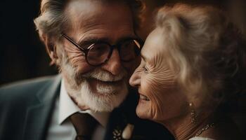 pensionerad par omfamnar, leende med kärlek och lycka genererad förbi ai foto