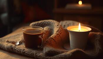 mysigt vinter- natt varm kakao, levande ljus, värme genererad förbi ai foto