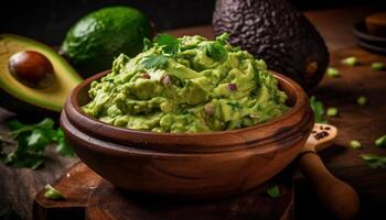 färsk guacamole dopp i rustik trä- skål genererad förbi ai foto