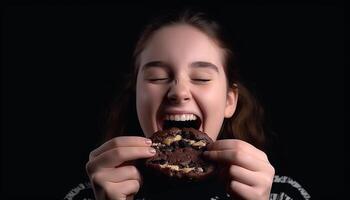 söt caucasian flicka ägnar sig åt i ljuv choklad kaka genererad förbi ai foto