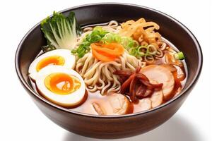 asiatisk soppa mat måltid bakgrund japansk vit restaurang Ramen skål nudel. generativ ai. foto