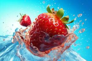 mat frukt vatten stänk färsk röd friskhet blå friska bakgrund jordgubbe. generativ ai. foto