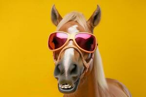 häst solglasögon bakgrund djur- leende färgrik porträtt roligt rolig glasögon modell. generativ ai. foto
