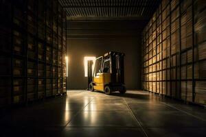 lager transport logistisk låda gaffeltruck frakt leverans distribution lagring Sol. generativ ai. foto