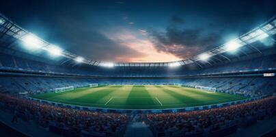 stadion ljus fotboll sport mål arena fotboll grön värld spel. generativ ai. foto