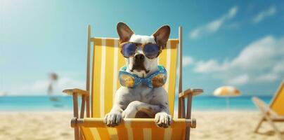 solglasögon hund stol strand sällskapsdjur lat rolig koppla av sommar semester. generativ ai. foto