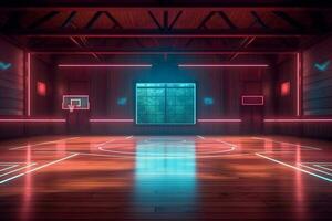 neon interiör bakgrund inomhus- Göra ljus korridor arena basketboll tömma spel hall. generativ ai. foto