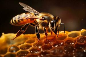 natur bi bakgrund makro insekt pollen guld vax gul honung närbild. generativ ai. foto