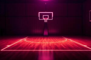 hall tömma hall bakgrund arena neon spel interiör inomhus- basketboll korridor golv. generativ ai. foto