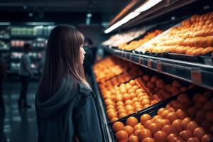 kvinna matvaror friska vegetabiliska marknadsföra handla Lycklig frukt Lagra mat natt. generativ ai. foto