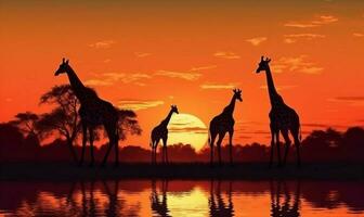 solnedgång vilda djur och växter elefant djur- giraff natur silhuett safari vild afrika. generativ ai. foto