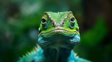 vilda djur och växter skala porträtt djur- glasögon närbild ödla leguan grön reptil. generativ ai. foto