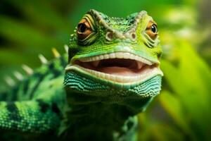 glasögon grön vilda djur och växter skala reptil djur- närbild leguan ödla porträtt. generativ ai. foto
