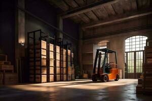 frakt låda distribution lager transport Sol leverans gaffeltruck logistisk lagring. generativ ai. foto