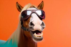 leende solglasögon rolig djur- däggdjur roligt häst porträtt bakgrund glasögon färgrik. generativ ai. foto