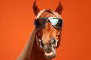 färgrik leende bakgrund roligt rolig djur- häst porträtt illustration glasögon solglasögon. generativ ai. foto