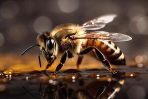 makro honung bi insekt natur gul honung pollen guld närbild bakgrund bi. generativ ai. foto