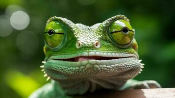 ödla grön porträtt leguan djur- skala reptil vilda djur och växter glasögon närbild. generativ ai. foto