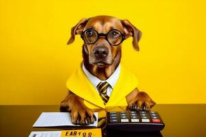 hund finansiell djur- finansiera matematiskt humör sällskapsdjur rolig gul bakgrund företag. generativ ai. foto
