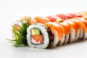 vit uppsättning friska sushi skaldjur mat bakgrund japansk fisk rulla ris. generativ ai. foto